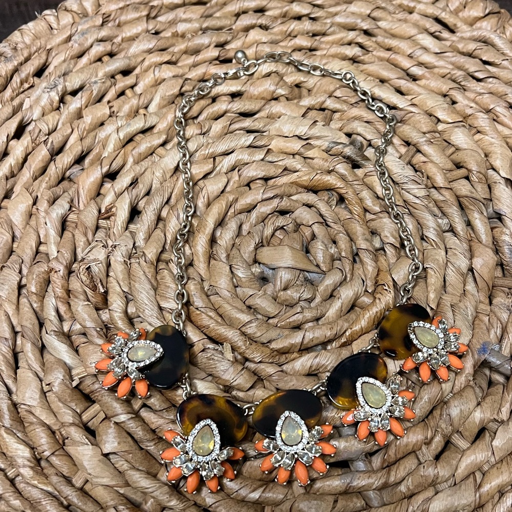 Chunky Flower Petals Tigers Eye Pendants Silver Tone Collar Statement Necklace